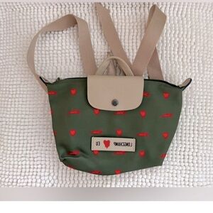 Longchamp Green Nylon Mini Backpack with Red Heart Print and Tan Flap